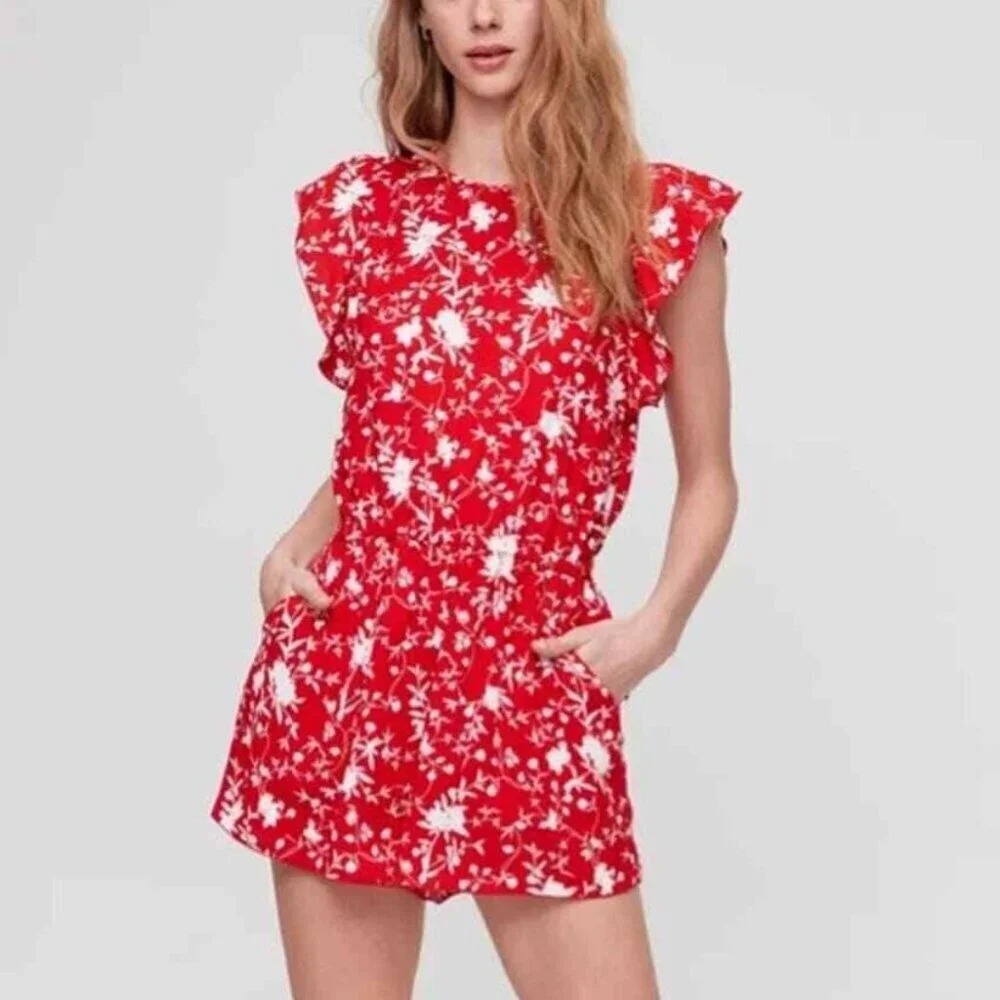Aritzia Wilfred Fleurette  Ruffle Romper Goji Berry White Red Size XS